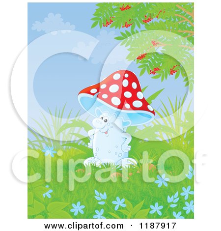 Cartoon of a Happy Mushroom Character and Foliage - Royalty Free Clipart by Alex Bannykh