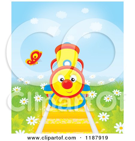 Cartoon of a Butterfly over a Cute Train on Tracks, Surrounded by Daisies - Royalty Free Clipart by Alex Bannykh