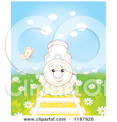 Cartoon of a Butterfly over a Cute Outlined Train on Tracks, Surrounded by Daisies - Royalty Free Clipart by Alex Bannykh
