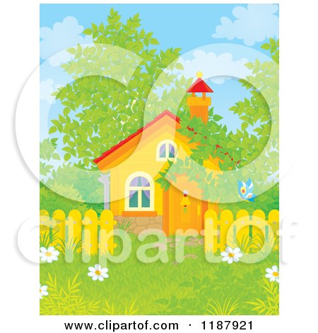 Cartoon of a Butterfly near a Cabin or Church with Spring Foliage - Royalty Free Clipart by Alex Bannykh