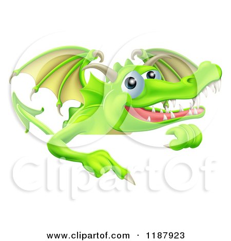 Cartoon of a Happy Green Dragon Pointing down at a Sign - Royalty Free Vector Clipart by AtStockIllustration