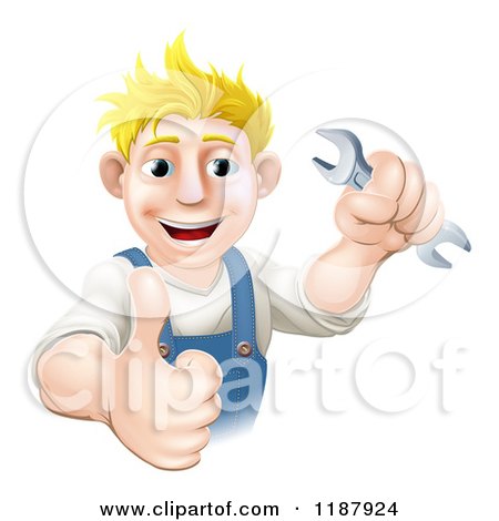 Cartoon of a Happy Blond Worker Man Holding a Wrench and a Thumb up - Royalty Free Vector Clipart by AtStockIllustration