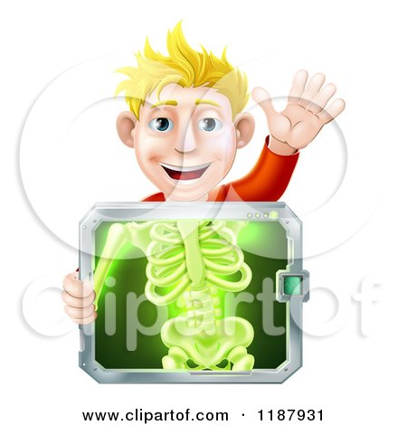 Cartoon of a Happy Blond Man Holding an Xray Screen over His Torso and Waving - Royalty Free Vector Clipart by AtStockIllustration