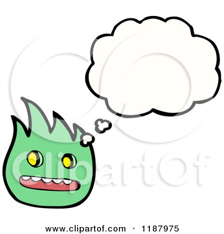 Cartoon of a Green Flame Monster Thinking - Royalty Free Vector Illustration by lineartestpilot