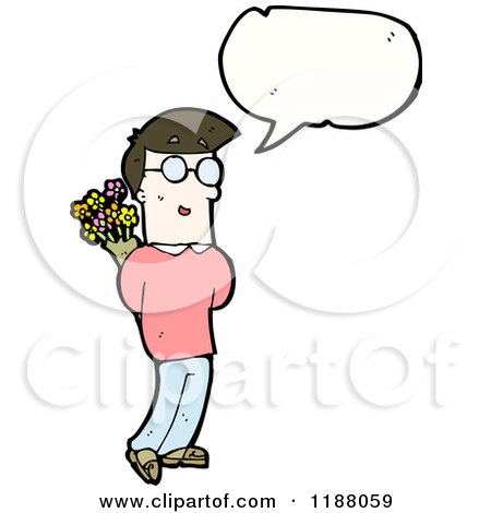 Cartoon of a Boy Holding Flowers Speaking - Royalty Free Vector Illustration by lineartestpilot