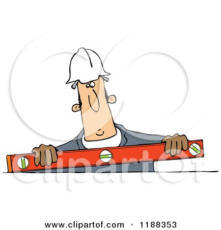 Cartoon of a Construction Worker Holding a Box Beam Level - Royalty Free Vector Clipart by djart