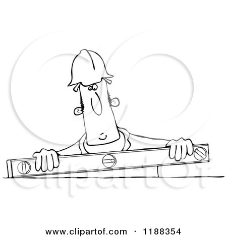 Cartoon of an Outlined Construction Worker Holding a Box Beam Level - Royalty Free Vector Clipart by djart