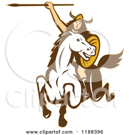 Clipart of a Retro Norse Valkyrie Warrior with a Spear on Horseback - Royalty Free Vector Illustration by patrimonio