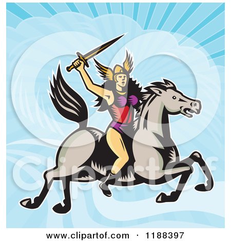Clipart of a Retro Norse Valkyrie Warrior with a Spear on Horseback Against a Sky - Royalty Free Vector Illustration by patrimonio