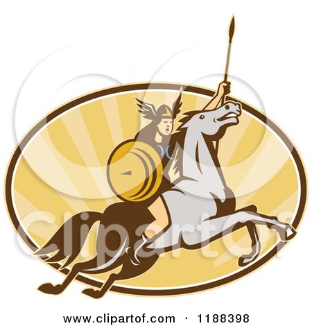 Clipart of a Retro Norse Valkyrie Warrior with a Spear on Horseback over an Oval of Rays 5 - Royalty Free Vector Illustration by patrimonio
