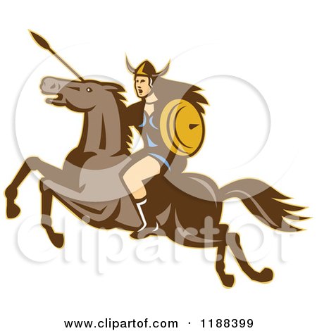Clipart of a Retro Norse Valkyrie Warrior with a Spear on Horseback 3 - Royalty Free Vector Illustration by patrimonio
