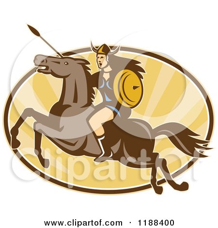 Clipart of a Retro Norse Valkyrie Warrior with a Spear on Horseback over an Oval of Rays 3 - Royalty Free Vector Illustration by patrimonio