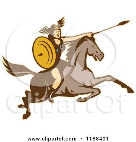 Clipart of a Retro Norse Valkyrie Warrior with a Spear on Horseback 5 - Royalty Free Vector Illustration by patrimonio