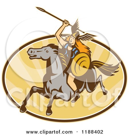 Clipart of a Retro Norse Valkyrie Warrior with a Spear on Horseback over an Oval of Rays 2 - Royalty Free Vector Illustration by patrimonio