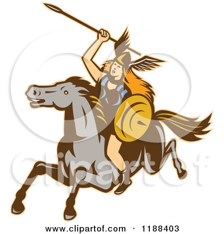 Clipart of a Retro Norse Valkyrie Warrior with a Spear on Horseback 2 - Royalty Free Vector Illustration by patrimonio