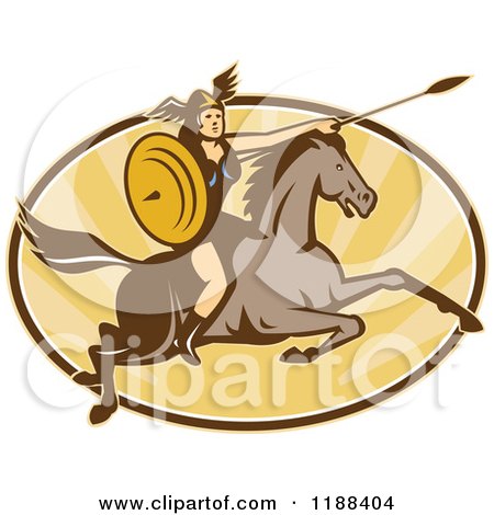 Clipart of a Retro Norse Valkyrie Warrior with a Spear on Horseback over an Oval of Rays 4 - Royalty Free Vector Illustration by patrimonio