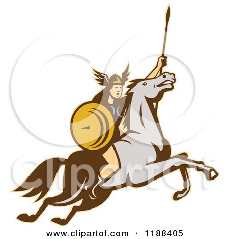 Clipart of a Retro Norse Valkyrie Warrior with a Spear on Horseback 4 - Royalty Free Vector Illustration by patrimonio