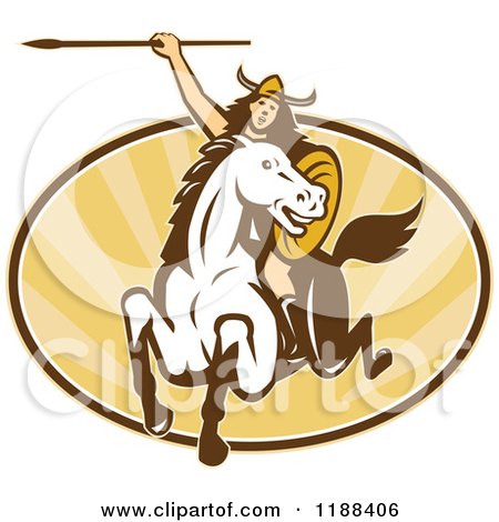 Clipart of a Retro Norse Valkyrie Warrior with a Spear on Horseback over an Oval of Rays - Royalty Free Vector Illustration by patrimonio