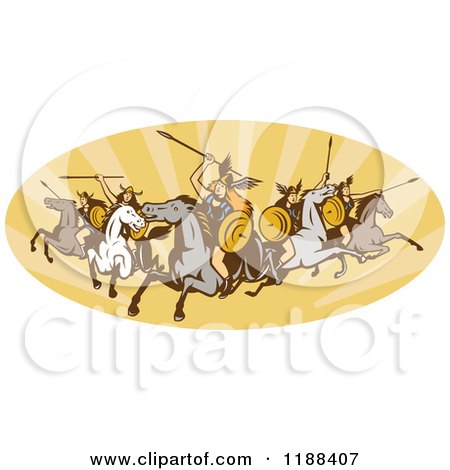 Clipart of Retro Norse Valkyrie Warriors with Spears on Horseback in an Oval of Rays - Royalty Free Vector Illustration by patrimonio