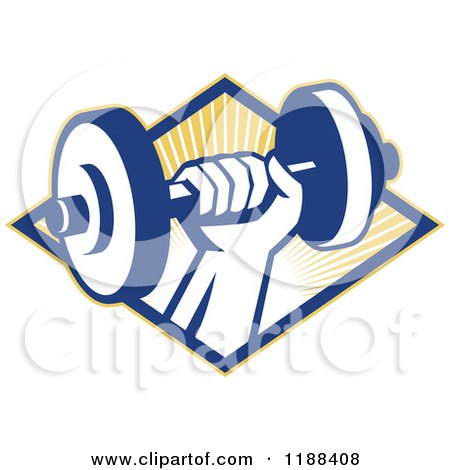 Clipart of a Retro Hand Lifting a Dumbbell over a Diamond of Sun Rays - Royalty Free Vector Illustration by patrimonio