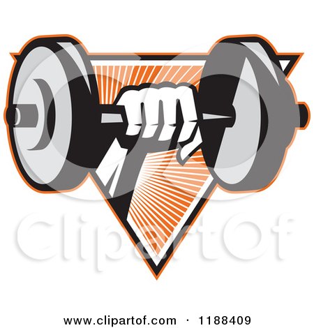 Clipart of a Retro Hand Lifting a Dumbbell over a Triangle of Orange Rays - Royalty Free Vector Illustration by patrimonio