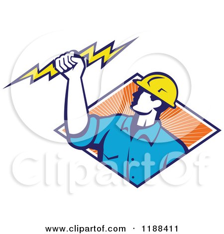 Clipart of a Retro Male Electrician Holdnig a Bolt over a Diamond of Orange Rays - Royalty Free Vector Illustration by patrimonio