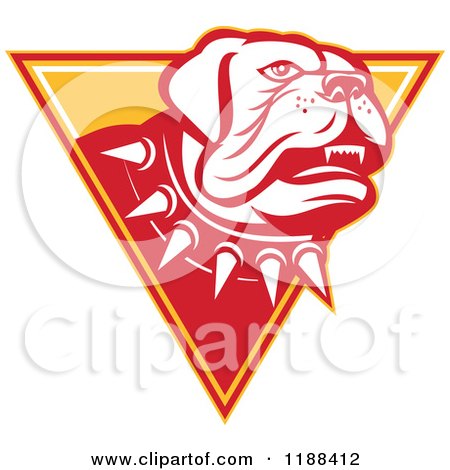 Clipart of a Retro Guard Mastiff Dog with a Spiked Collar over a Triangle - Royalty Free Vector Illustration by patrimonio
