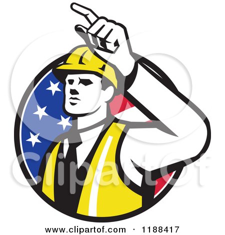 Clipart of a Retro Engineer Construction Worker Pointing over an American Flag Circle - Royalty Free Vector Illustration by patrimonio