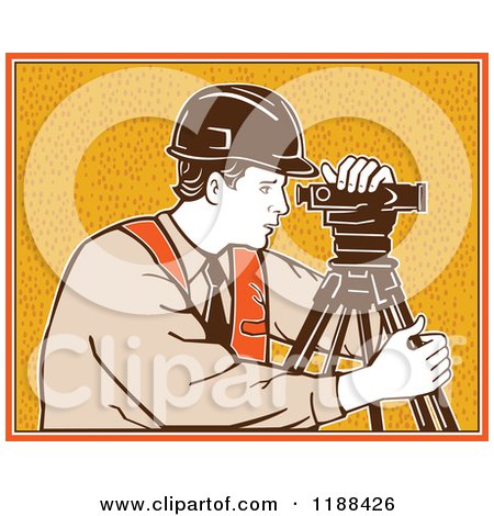 Clipart of a Retro Surveyor Using a Theodolite over Orange - Royalty Free Vector Illustration by patrimonio