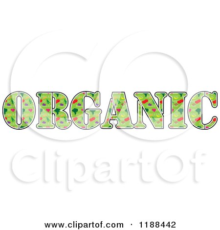 Cartoon of the Green Word ORGANIC with Fruits and Vegetables - Royalty Free Vector Clipart by Maria Bell