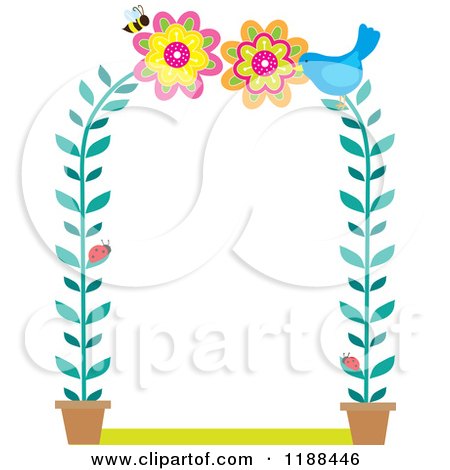Cartoon of a Potted Flower Arch Frame with Ladybugs a Bird and Bee - Royalty Free Vector Clipart by Maria Bell