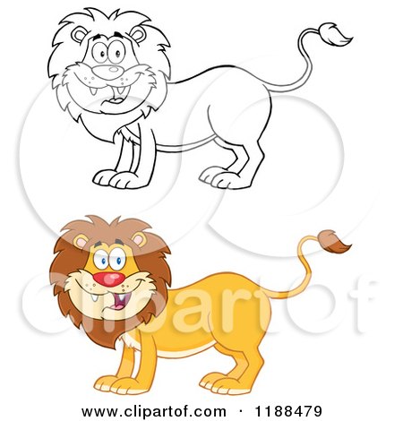 Cartoon of a Happy Lion in Color and Outline - Royalty Free Vector Clipart by Hit Toon