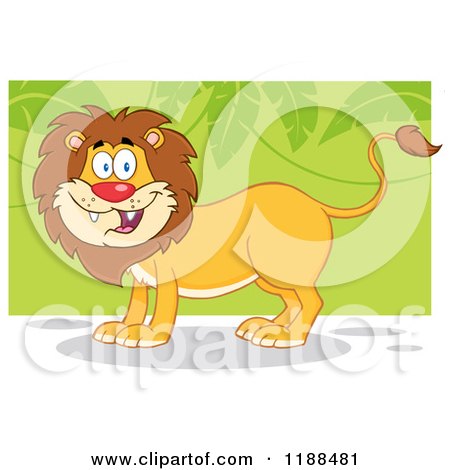Cartoon of a Happy Male Lion Smiling over Green Leaves - Royalty Free Vector Clipart by Hit Toon