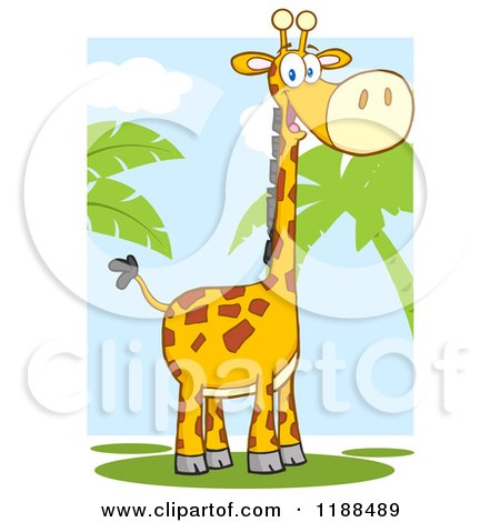 Cartoon of a Cute Happy Giraffe over Sky and Palm Trees - Royalty Free Vector Clipart by Hit Toon