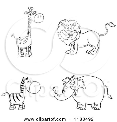 Cartoon of a Black and White Happy Giraffe, Lion, Zebra and Elephant - Royalty Free Vector Clipart by Hit Toon