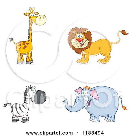Cartoon of a Happy Giraffe, Lion, Zebra and Elephant - Royalty Free Vector Clipart by Hit Toon