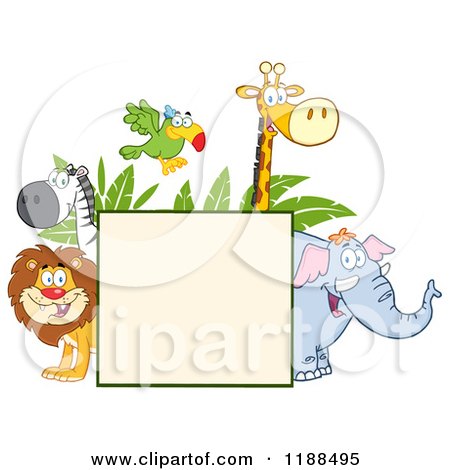 Cartoon of a Square Sign and Happy Zoo Animals over Leaves - Royalty Free Vector Clipart by Hit Toon