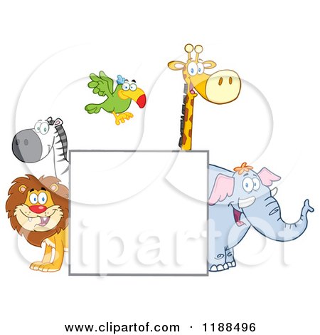 Cartoon of a Square Sign and Happy Zoo Animals - Royalty Free Vector Clipart by Hit Toon