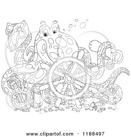 Cartoon of a Happy Outlined Captain Octopus with a Scroll Hat Sword and Sunken Helm - Royalty Free Vector Clipart by Alex Bannykh
