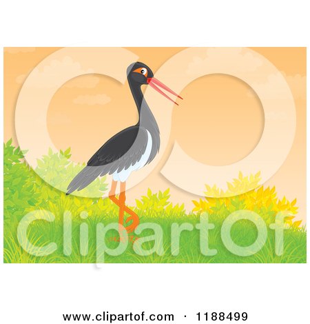 Cartoon of a Black Stork Against a Sunset - Royalty Free Clipart by Alex Bannykh
