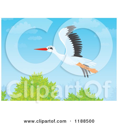 Cartoon of a Stork Flying over Trees - Royalty Free Clipart by Alex Bannykh
