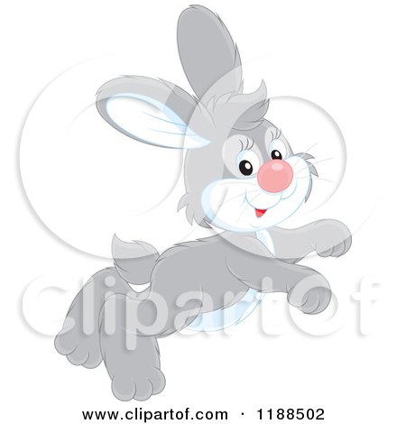 Cartoon of a Cute Happy Gray Rabbit Hopping - Royalty Free Vector Clipart by Alex Bannykh