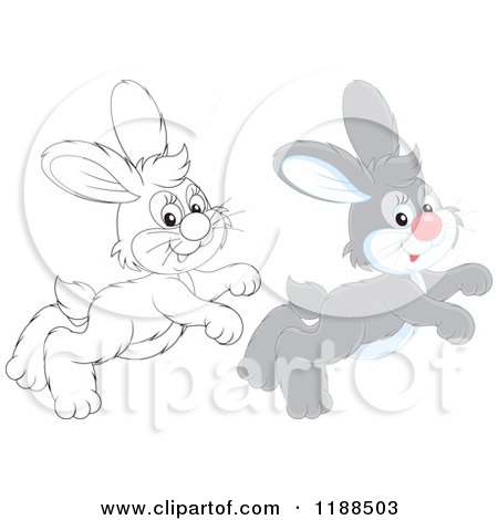 Cartoon of Cute Happy Gray and Outlined Rabbits Hopping - Royalty Free Vector Clipart by Alex Bannykh