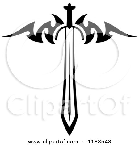Clipart of a Black and White Tribal Winged Sword 6 - Royalty Free Vector Illustration by Vector Tradition SM