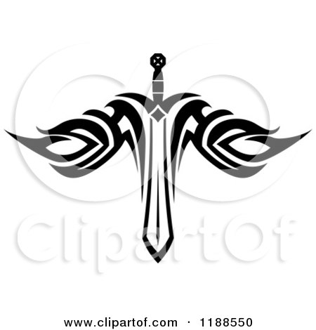Clipart of a Black and White Tribal Winged Sword 3 - Royalty Free Vector Illustration by Vector Tradition SM