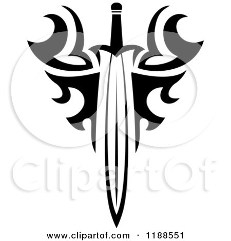 Clipart of a Black and White Tribal Winged Sword 2 - Royalty Free Vector Illustration by Vector Tradition SM