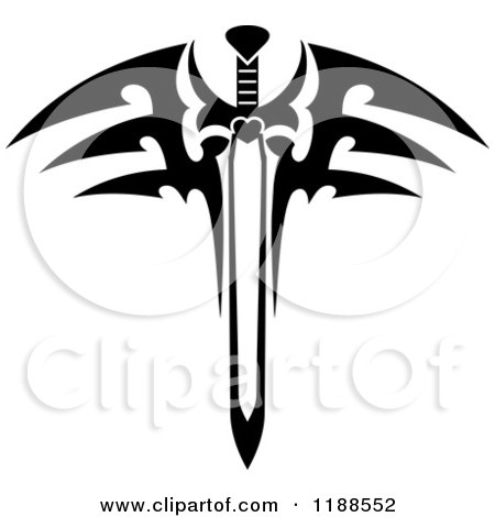 Clipart of a Black and White Tribal Winged Sword - Royalty Free Vector Illustration by Vector Tradition SM