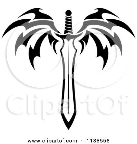 Clipart of a Black and White Tribal Winged Sword 5 - Royalty Free Vector Illustration by Vector Tradition SM