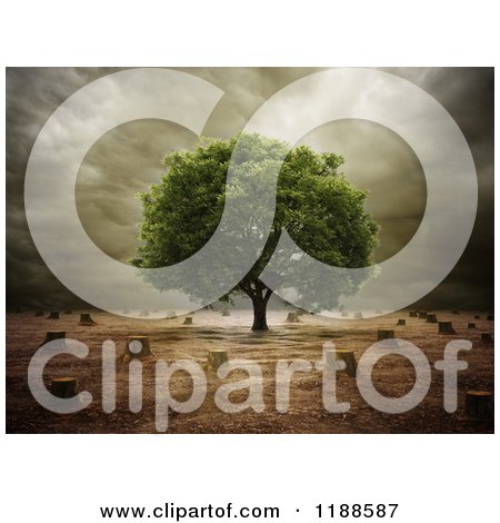 Clipart of a 3d Lone Tree in a Landscape of Stumps - Royalty Free CGI Illustration by Mopic