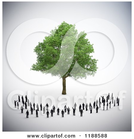 Clipart of a Crowd of 3d Tiny People Standing Around a Lush Tree, on Shading - Royalty Free CGI Illustration by Mopic